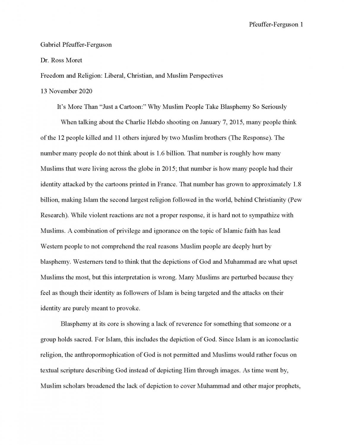 Cover page of Gabriel Pfeuffer-Ferguson's paper, "It's More Than 'Just a Cartoon:' Why Muslim People Take Blasphemy So Seriously. Page image leads to Gabriel's full paper, which was presented via slide presentation during the Spring 2021 HEP Symposium on March 15, 2021.