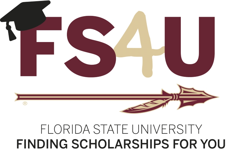 FSU4U Logo. The words "FSU4U" with a mortar board sitting on top of the letter "F" and a garnet and gold spear under FSU4U. Under the spear: Florida State University, Finding Scholarships for You.
