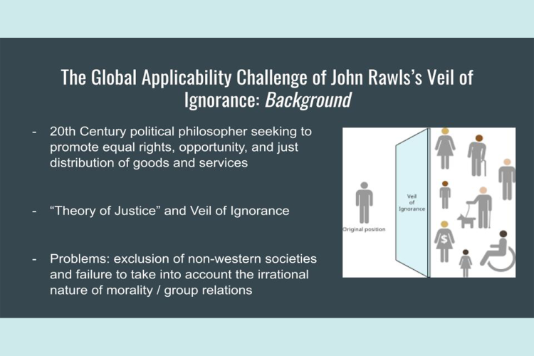 Jamie Guterman's Google Slide Presentation Slide with Title: The Global Applicability of John Rawl's Veil of Ignorance. Text on Slide: 1. 20th Century political philosopher seeking to promote equal rights, opportunity, and just distribution of goods and services. 2. "Theory of Justice" and Veil of Ignorance. 3. Problems: exclusion on non-western societies and failure to take into account the irrational nature of morality/group relations. Link to full Google Slides Presentation.