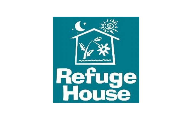Logo for Refuge House. Turquoise background with image of artistic house outline with bent flower inside. Moon and sun above house. Words "Refuge House" below the house image.