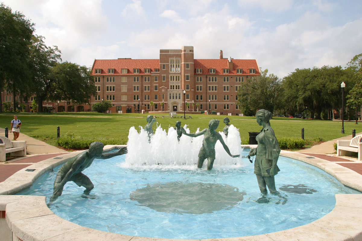Legacy Fountain with Landis Hall in the Background - View is from Landis Green on FSU Campus