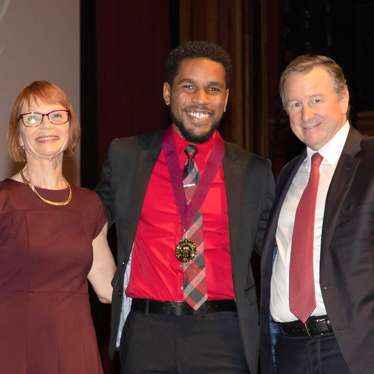 "Dr. Annette Schwabe, Honors in the Major graduating student, and FSU President, Dr. Richard McCullough at Spring 2022 Honors Medallion Ceremony-April 25, 2022"