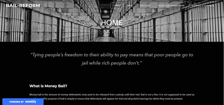 Link to and Image of Home Page of Gustavo Capone's Bail Reform website project used as part of the Radical Visions panel during the Spring 2021 HEP Symposium. Image photo is a black and white photo of the interior of a prison. View is down the corridor, with jail cells on either side, lit from inside the cells.