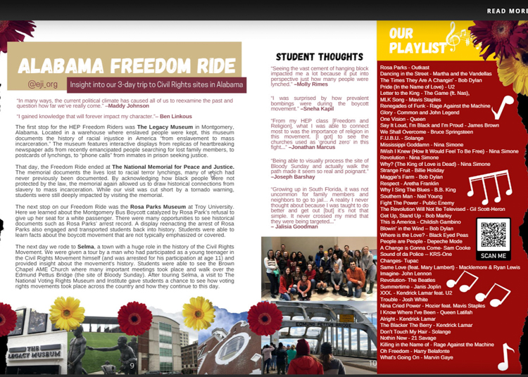 Image of The Zine article on The Alabama Freedom Ride field trip during Martin Luther King weekend 2019. Link to full Zine issue. Article on page 9-10.