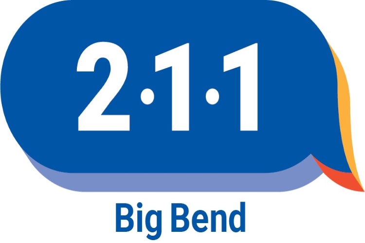 Logo for 2-1-1 Big Bend. Blue speech bubble with "2-1-1" inside. The words "Big Bend" are below the speech bubble.