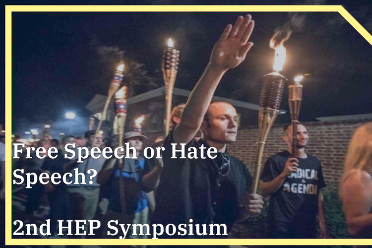 Image of White Supremacists marching with torches. Slide from PowerPoint Presentation of Brianna Sanchez and Olivia Uchman as part of the Spring 2021 HEP Symposium, Speech and Media Panel-March 2021. Also link to presentation page with PowerPoint, Overview and photos.