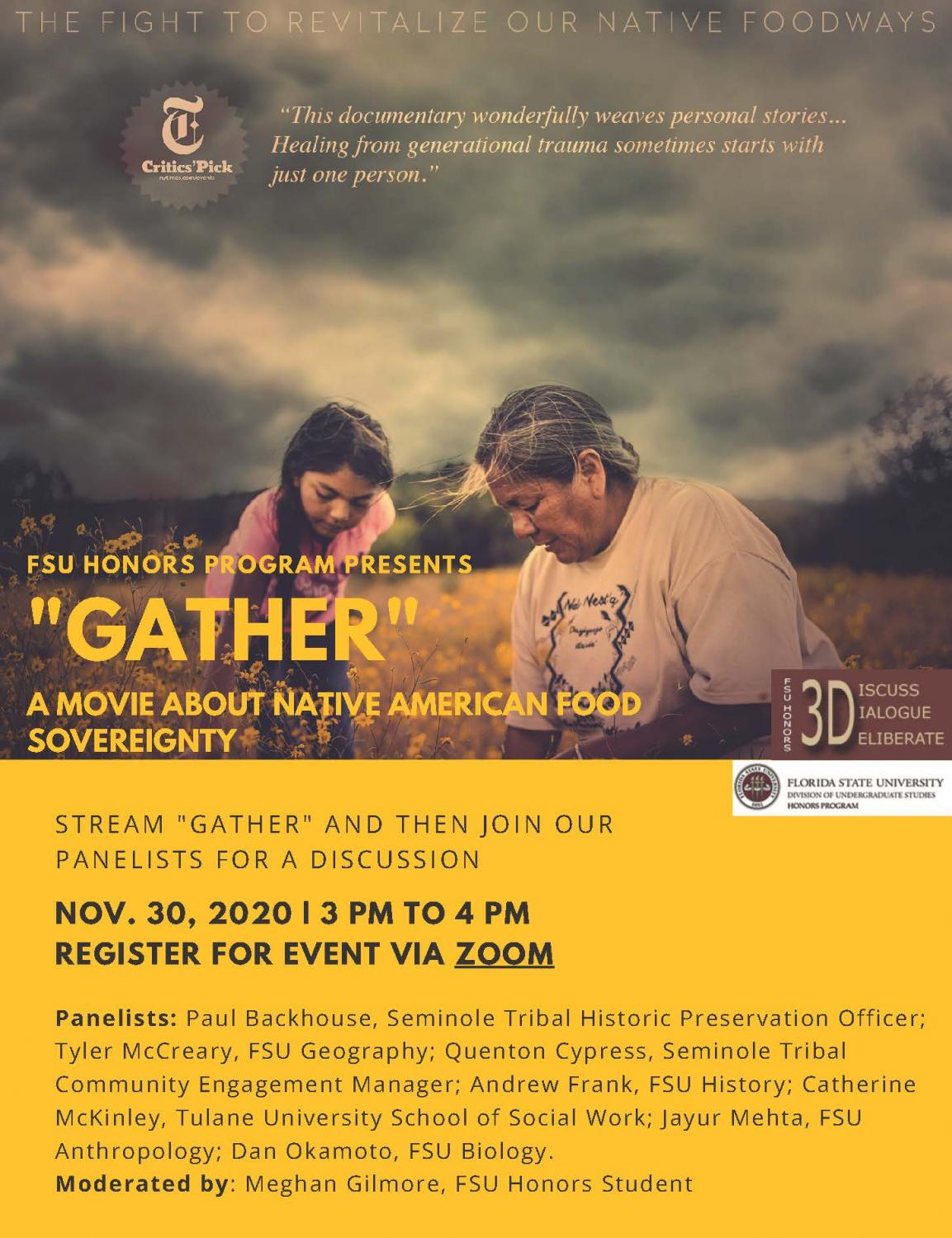 Flyer for Film "Gather" for Panel Discussion held on November 30, 2020