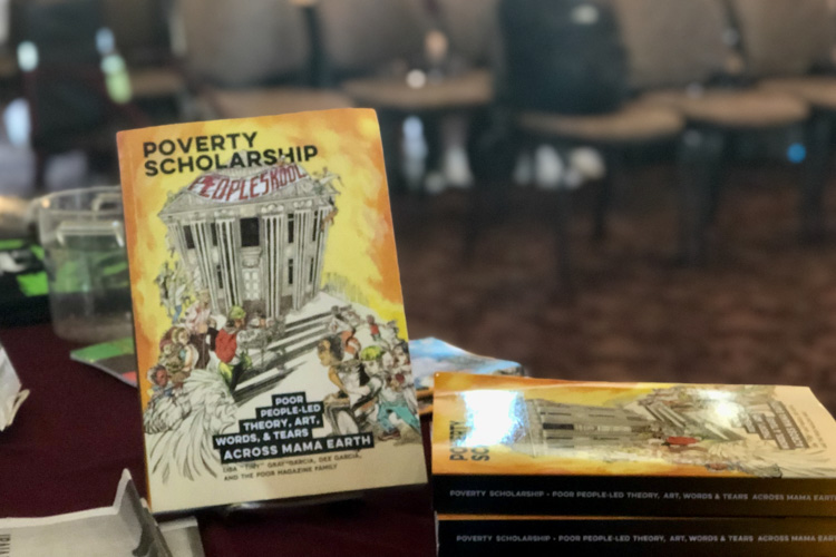 Poverty Scholarship Speaker Series-Presenters from POOR Magazine-Copies of the Poverty Scholarship Book on the table
