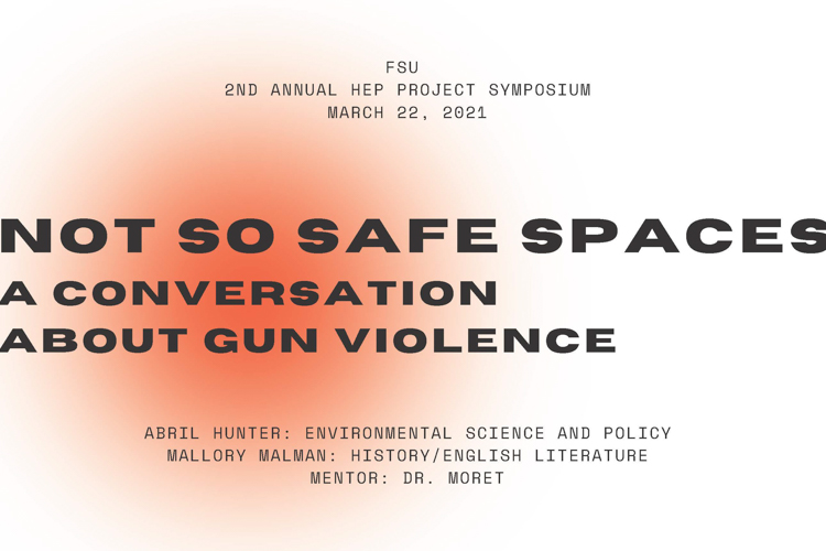 Image of "Not So Safe Spaces: A Conversation About Gun Violence" Cover Slide of Students' PowerPoint Presentation for Spring 2021 HEP Symposium-Intersectional Identities-Mallory Malman & Abril Hunter-March 2021. Also link to Student PowerPoint and Overview of Presentation