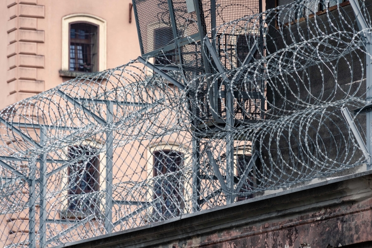 Image of razor wire on top of prison wall. Also link to Gustavo Capone's Spring 2021 HEP Symposium Page, the Radical Visions Panel 