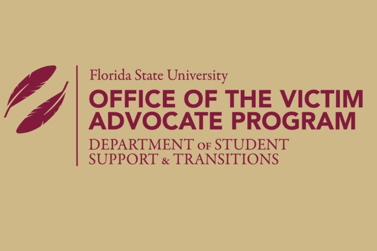 Logo for Office of the Victim Advocate Program. Garnet Feathers to the left with the words, "Florida State University, Office of the Victim Advocate Program, Department of Student Support & Transitions in Garnet. Background is official FSU Gold. Link to the office's main page.